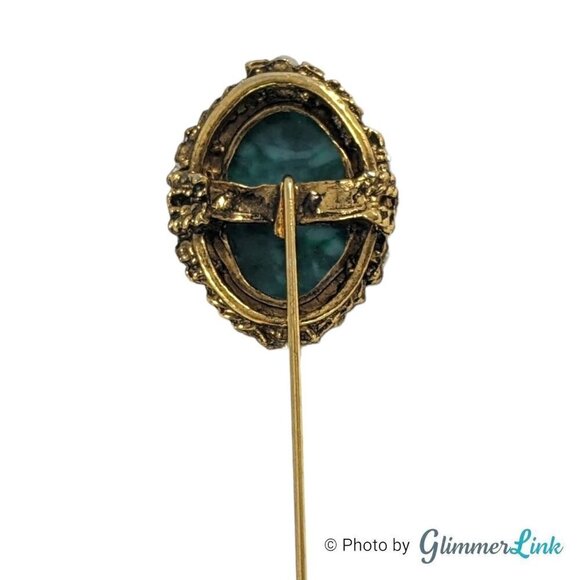 Vintage Oval Mottled Green Cabochon Faux Pearl Filigree Gold Tone Stick Pin - Picture 8 of 10